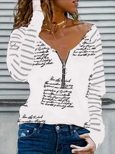 Damen Langarm Freizeitoberteil Halbverschluss gestreift Mode Druck Pullover Herbst