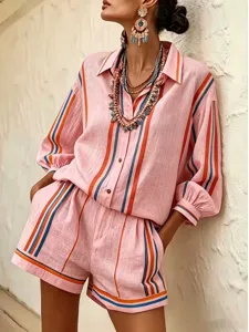 Detailed view of the stylish pink striped three-quarter sleeve shirt and shorts set.