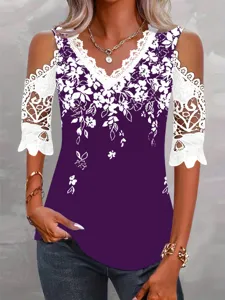 Women's Fashion Cold Shoulder Lace Floral Print V-Neck Short Sleeve Summer Tops