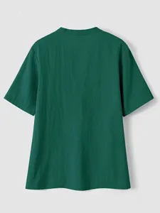 Casual green short sleeve cotton linen shirt for women, comfortable loose fit summer top.