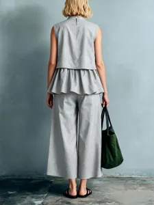 Ensemble haut à basque sans manches et pantalon large femme été gris tenue décontractée
