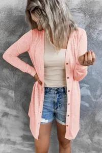 Women long sleeve solid color cardigan casual button down knitwear detail view showing fit.