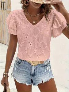 Detailed view of the pink V-neck eyelet short sleeve top with delicate hollow-out pattern.