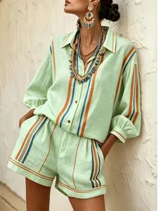 Light green striped 3/4 sleeve shirt and shorts matching set for elegant daily commuting style.