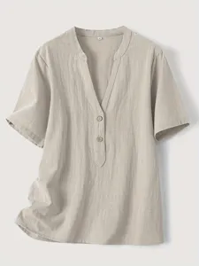 Women casual linen short sleeve blouse summer V-neck button shirt loose comfortable top