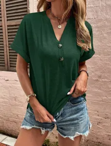 Vrouwen effen kleur V-hals knop korte mouw casual top, stijlvolle zomer mode kleding detail