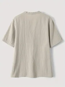 Casual short sleeve linen shirt for women, loose fit solid color summer top, daily casual wear.