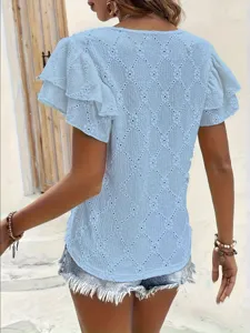 Back view detail of the stylish V-neck hollow-out knit top with chic ruffle sleeves.