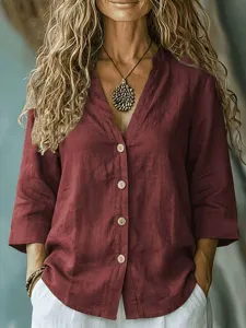 Women casual loose V-neck button linen shirt, autumn long sleeve wine red top for daily wear.