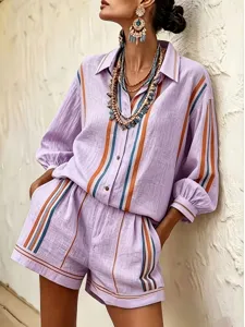 Detail view of a stylish three-quarter sleeve shirt and shorts fashion set with stripes.