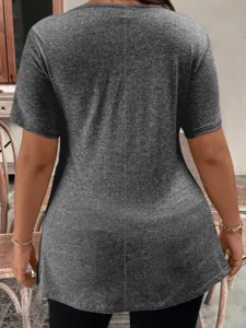 Women casual solid color short sleeve t-shirt back view detail showcasing relaxed fit.