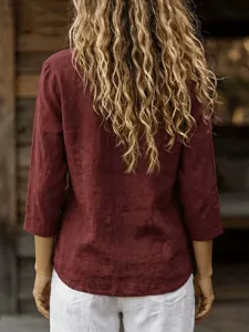 Back view of women casual loose long sleeve linen shirt in dark red for autumn daily wear.