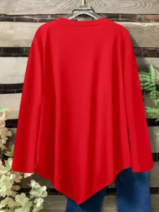 Red long sleeve irregular hem blouse for women, casual autumn winter crewneck solid top.