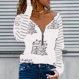 Damen Freizeit Langarm gestreiftes Oberteil mit Reißverschluss V-Ausschnitt und Retro Print.