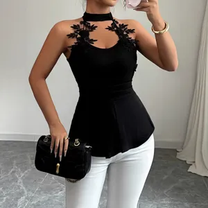 Camiseta de Verano Casual Elegante para Mujer Top Sin Mangas con Cuello Halter Cintura Peplum Encaje Calado