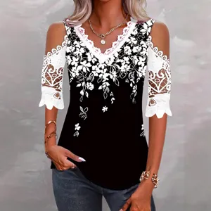 Women Casual Short Sleeve V-Neck Cold Shoulder Lace Patchwork Floral Printed T-Shirt Slim Fit Summer Top