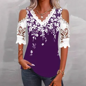 Elegant cold shoulder floral lace trimmed purple short sleeve women summer fashion t-shirt