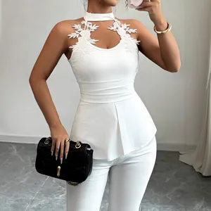 Mujer elegante blanco top sin mangas halter encaje recorte péplum verano moda blusa