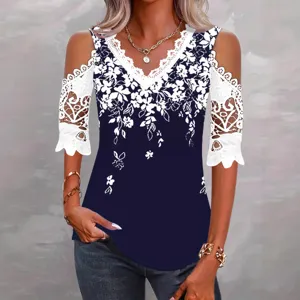 Women's floral print cold shoulder lace patchwork short sleeve T-shirt for summer fashion.