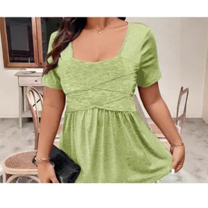 Women's summer short sleeve square neck solid color cross strap casual green t-shirt top