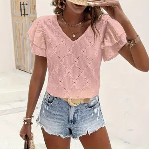 Women pink V-neck ruffle short sleeve hollow out embroidered fashion casual t-shirt top