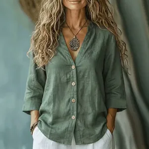 Women Casual Loose V-Neck Button Polyester Blouse Three-Quarter Sleeve Solid Color Autumn Fashion Top Shirt