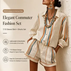 Women Casual Chic Three Quarter Bubble Sleeve Lapel Shirt And Shorts Set Polyester Striped Top And Bottom Fashion Outfit