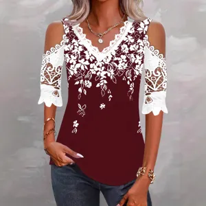 Women's Elegant Cold Shoulder Lace Patchwork Floral Print Short Sleeve Casual T-Shirt
