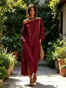 Detailed shot of a burgundy one-shoulder linen maxi dress with side slit and pocket details.
