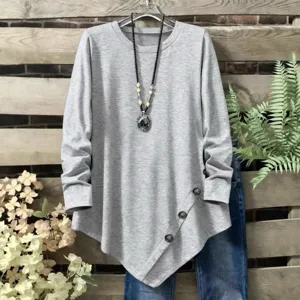 Womens solid color asymmetric hem crewneck long sleeve top for autumn winter daily wear