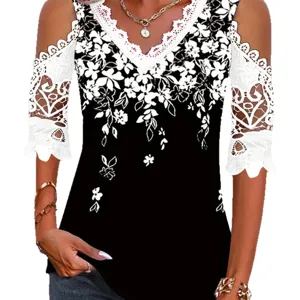 Elegant cold shoulder floral print short sleeve t-shirt with lace v-neck for women main view