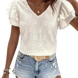 White V-neck eyelet embroidered ruffle short sleeve women summer fashion casual top blouse
