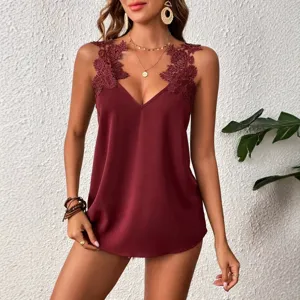 Damen Casual V-Ausschnitt Ärmellos Spitzenbesatz Einfarbig Polyester Tank Top Sommer Mode Basic Camisole
