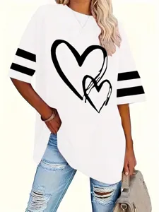 Oversized women short sleeve t-shirt in white with black heart print and striped variant SKU