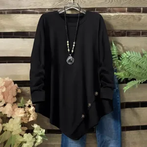 Women solid color irregular hem crew neck long sleeve top casual autumn black fashion blouse