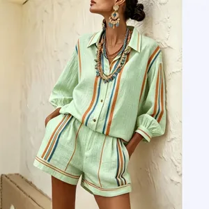 Women light green striped shirt and shorts set elegant casual two piece outfit fashion apparel