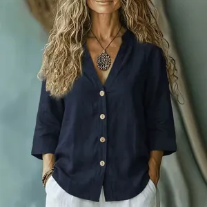 Womens casual loose v-neck button linen shirt, stylish autumn long sleeve top for daily wear.