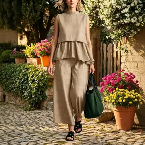 Ensemble deux pièces en lin pour femme haut à volants sans manches pantalon large