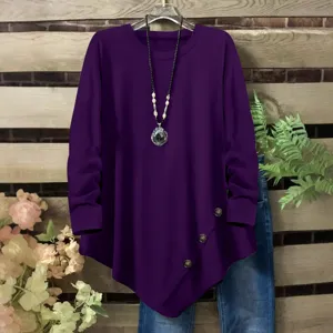 Solid color asymmetrical hem crewneck long sleeve women top autumn winter casual fashion blouse