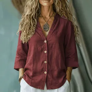 Women's casual loose V-neck button-down long sleeve linen shirt for autumn daily wear.