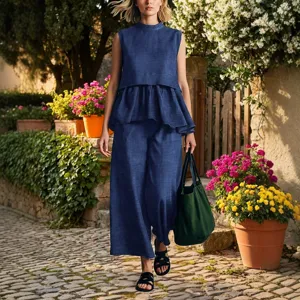 Ensemble deux pièces haut sans manches à volants et pantalon large pour mode printemps été.