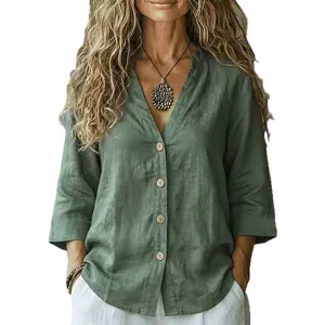 Women casual loose V-neck linen shirt autumn long sleeve button blouse top elegant