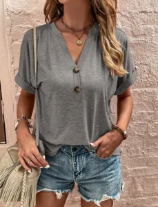 Casual grijze V-hals korte mouw dames top met knopen voor dagelijks gebruik en zomer.