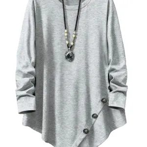2025 Autumn Winter Women Solid Color Asymmetrical Hem Crew Neck Long Sleeve Top