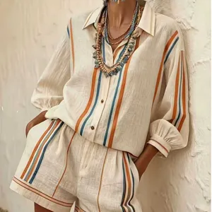 Chic striped long sleeve shirt and shorts set for women, elegant casual summer outfit.