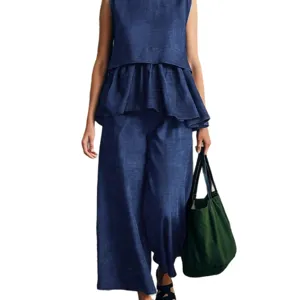 Ensemble deux pièces haut sans manches à volants et pantalon large mode été femme