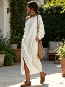 Women casual loose linen one-shoulder midi dress solid color long sleeve split hem chic