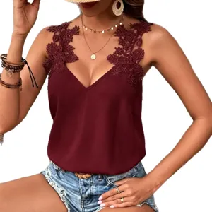 Lassige Damen V-Ausschnitt ärmellose Tanktop mit eleganter Blumen-Spitze für Sommer.