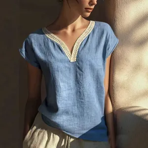 Women Summer Vintage Lace V-Neck Linen Blend Short Sleeve Blouse Elegant Casual Top