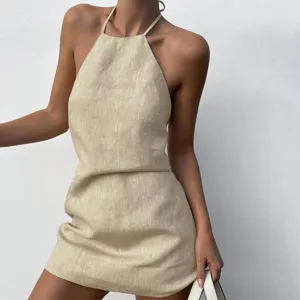 Women's Sexy Backless Halter Cotton Linen Dress Summer Casual Lace Up A-Line Mini Dress Beach Vacation Dress